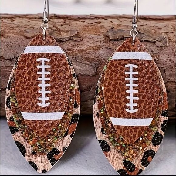 NWT 3 Layered Leather Glitter Leopard Football Print Dangle Earrings - Picture 2 of 6